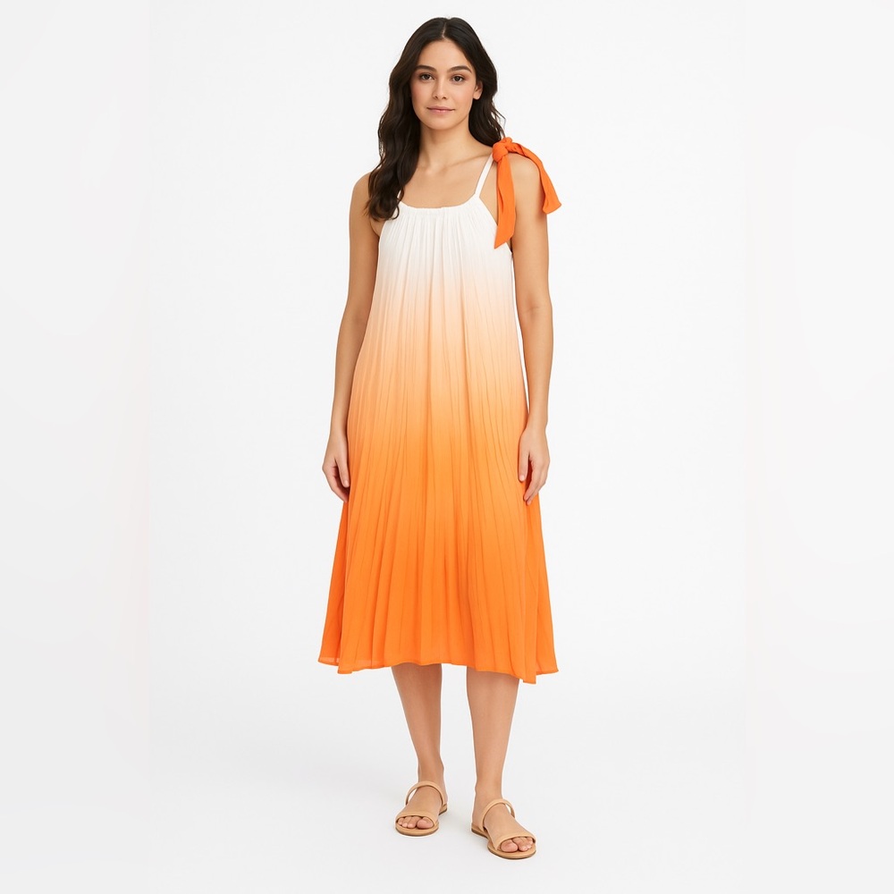 Komarov Women's Dress MEDIUM Ombre Print Orange White Chiffon Pleated USA MADE
